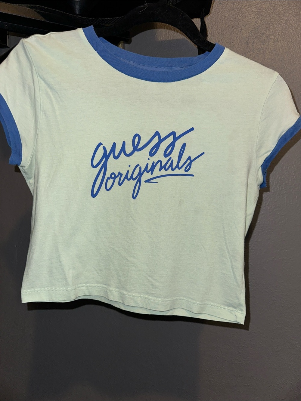 GUESS OriginalsLight Mint Ringer Tee with Blue Logo
